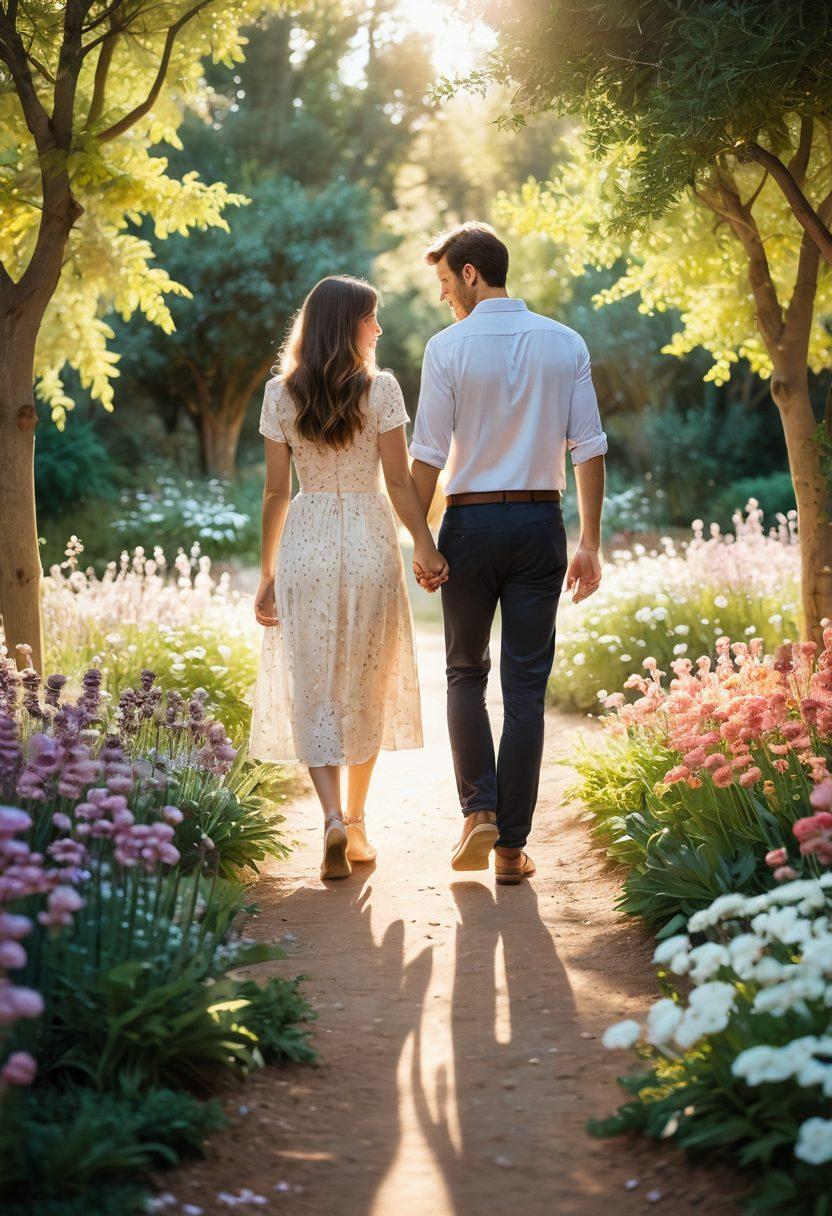 A warm and intimate scene depicting a couple holding hands while walking through a blooming garden, surrounded by soft pastel flowers and sunlight filtering through the leaves. The couple shares affectionate glances, conveying passion and connection. A heart-shaped sunlight pattern is cast on the path in front of them. super-realistic. warm colors. soft focus.