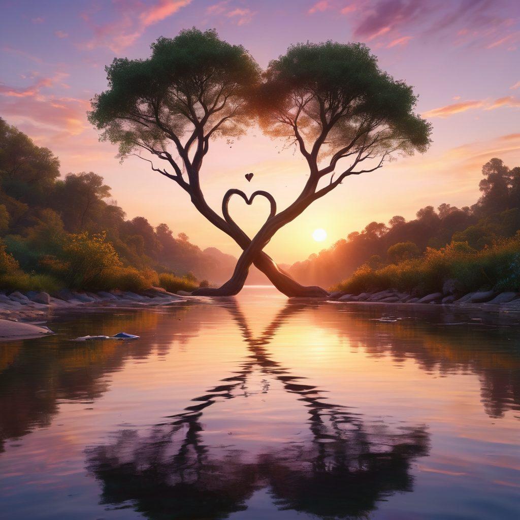 A serene scene featuring two intertwined trees symbolizing a harmonious relationship, with hearts gently floating around them. In the foreground, a calming river reflects a sunset, suggesting optimal connection and balance. Subtle musical notes flow through the air, representing the tuning of love. The overall tone is warm and inviting, enhancing feelings of unity and romance. super-realistic. vibrant colors. peaceful landscape.